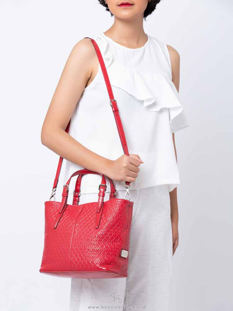 TOD'S Patent Embossed Leather Convertible Tote Burgundy