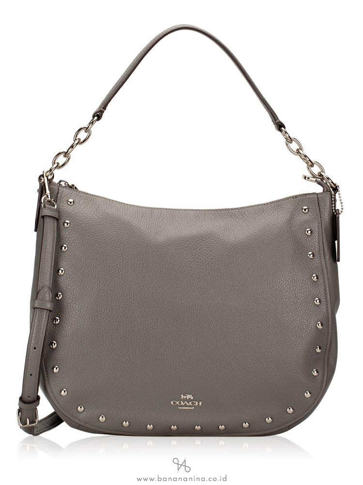 COACH 37810 Lacquer Rivets Pebbled Elle Hobo Heather Grey