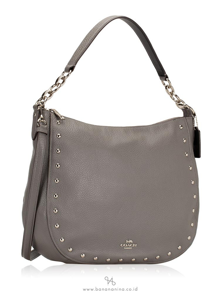 COACH 37810 Lacquer Rivets Pebbled Elle Hobo Heather Grey