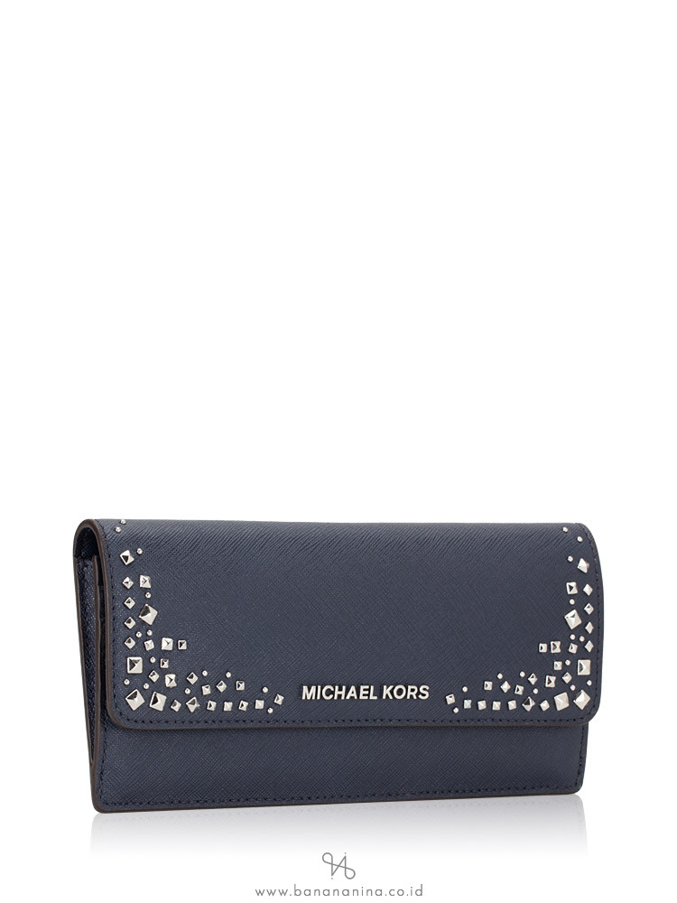 MICHAEL KORS Jet Set Stud Saffiano Flat Wallet Navy