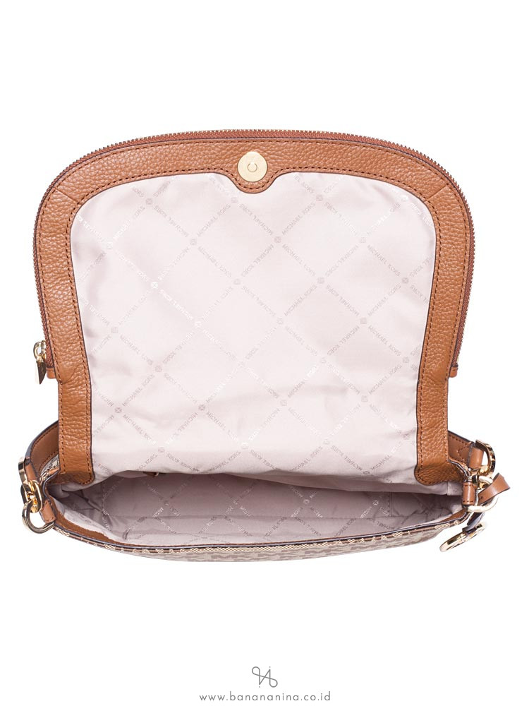 MICHAEL KORS Bedford Signature & Leather Medium Shoulder Flap Beige Ebony