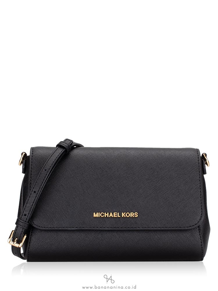 MICHAEL KORS Jet Set Medium Saffiano Pouchette Crossbody Black Gold