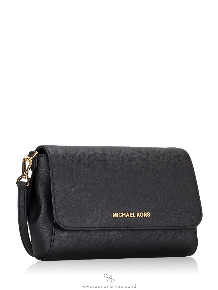 MICHAEL KORS Jet Set Medium Saffiano Pouchette Crossbody Black Gold