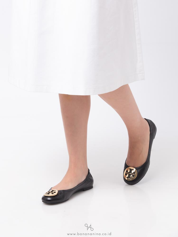 TORY BURCH Classic Reva Leather Ballet Flats Black Gold Sz 6.5