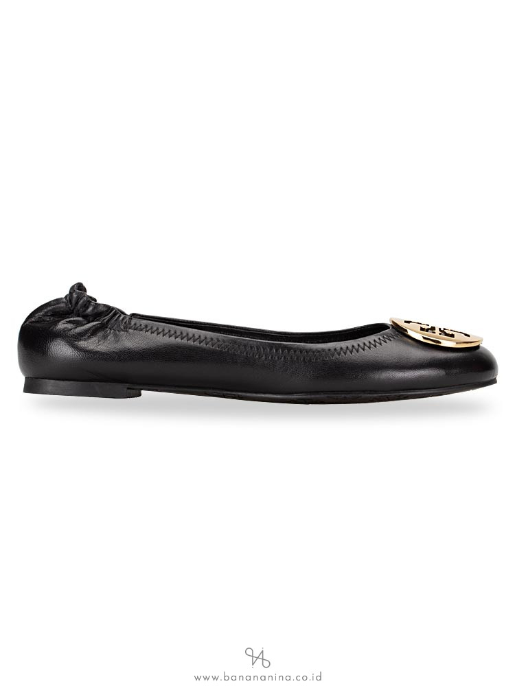 TORY BURCH Classic Reva Leather Ballet Flats Black Gold Sz 6.5