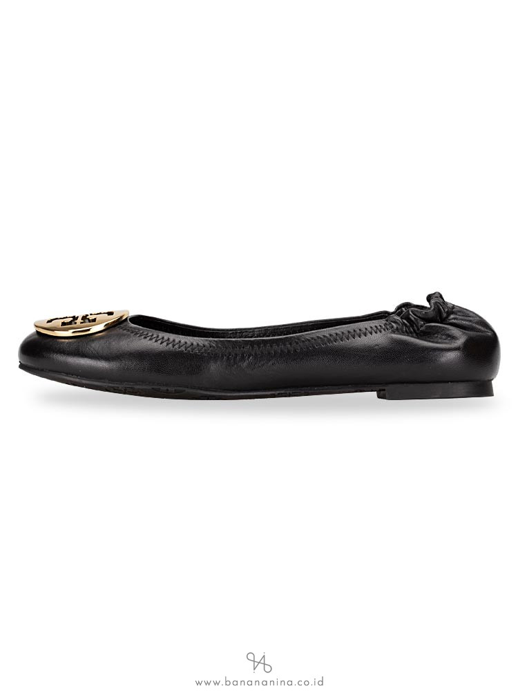 TORY BURCH Classic Reva Leather Ballet Flats Black Gold Sz 6.5