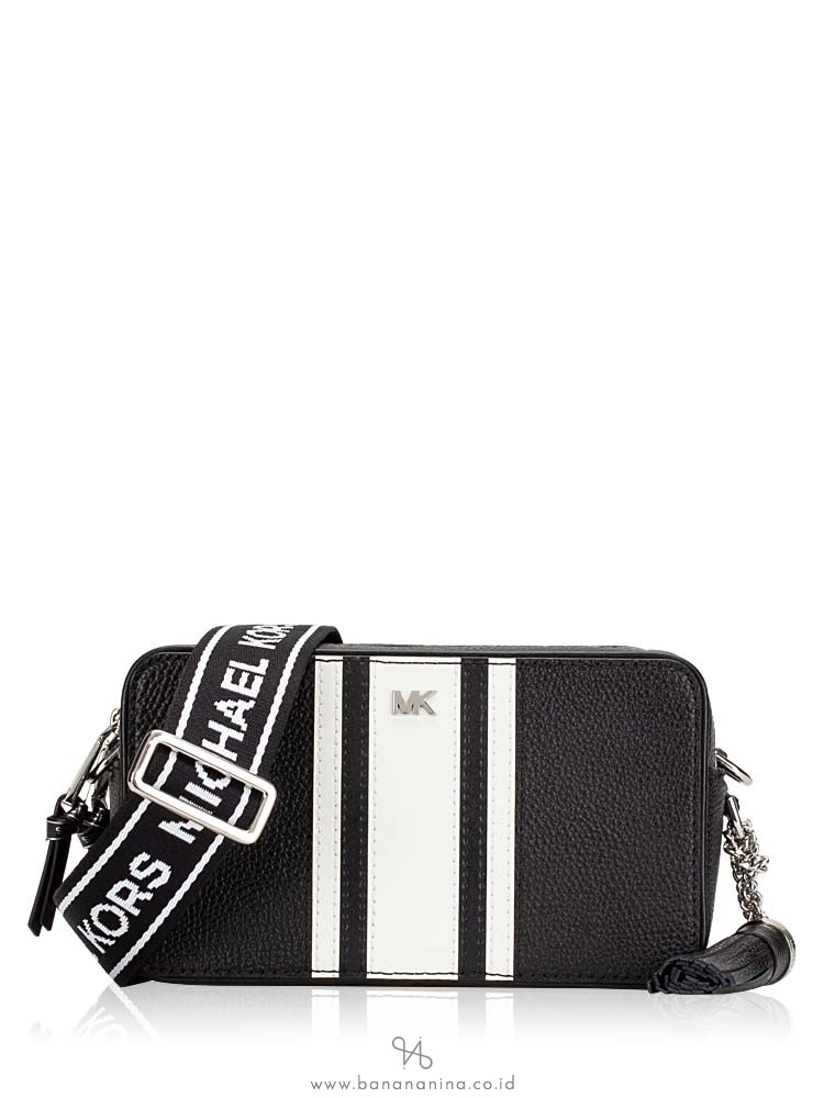 MICHAEL KORS Small Striped Leather Camera Bag Black Optic White