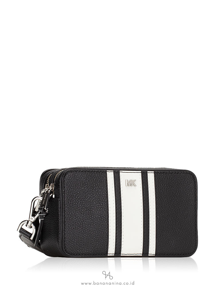 MICHAEL KORS Small Striped Leather Camera Bag Black Optic White