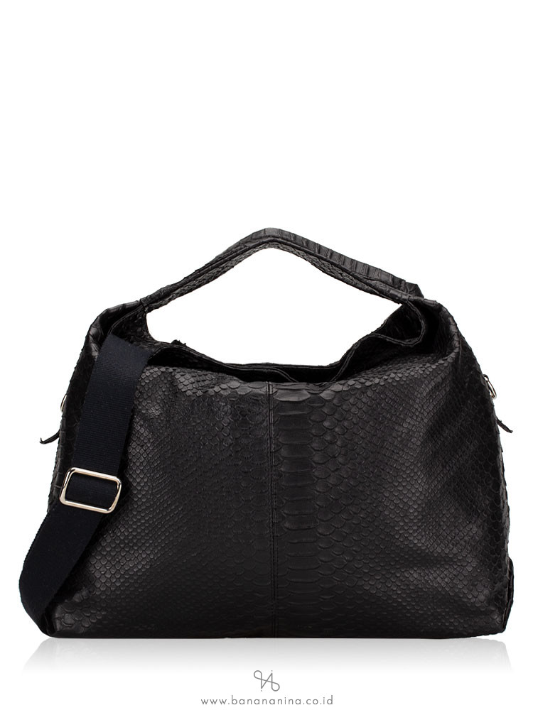 FURLA Elisabeth Snake Embossed Leather Hobo Bag Onyx