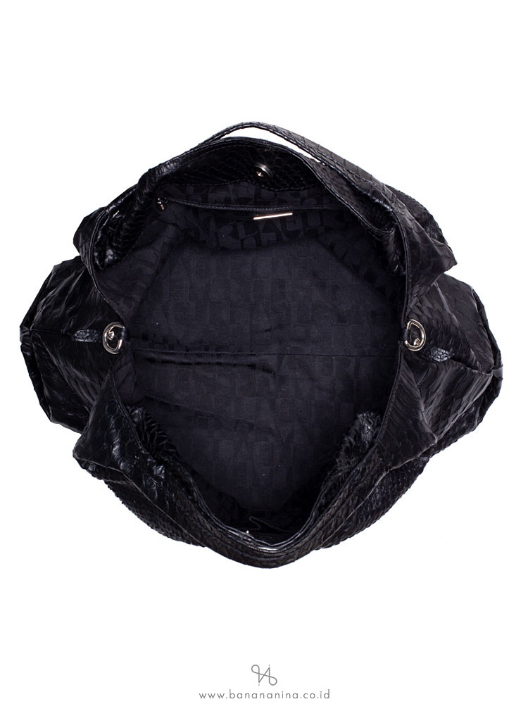 FURLA Elisabeth Snake Embossed Leather Hobo Bag Onyx