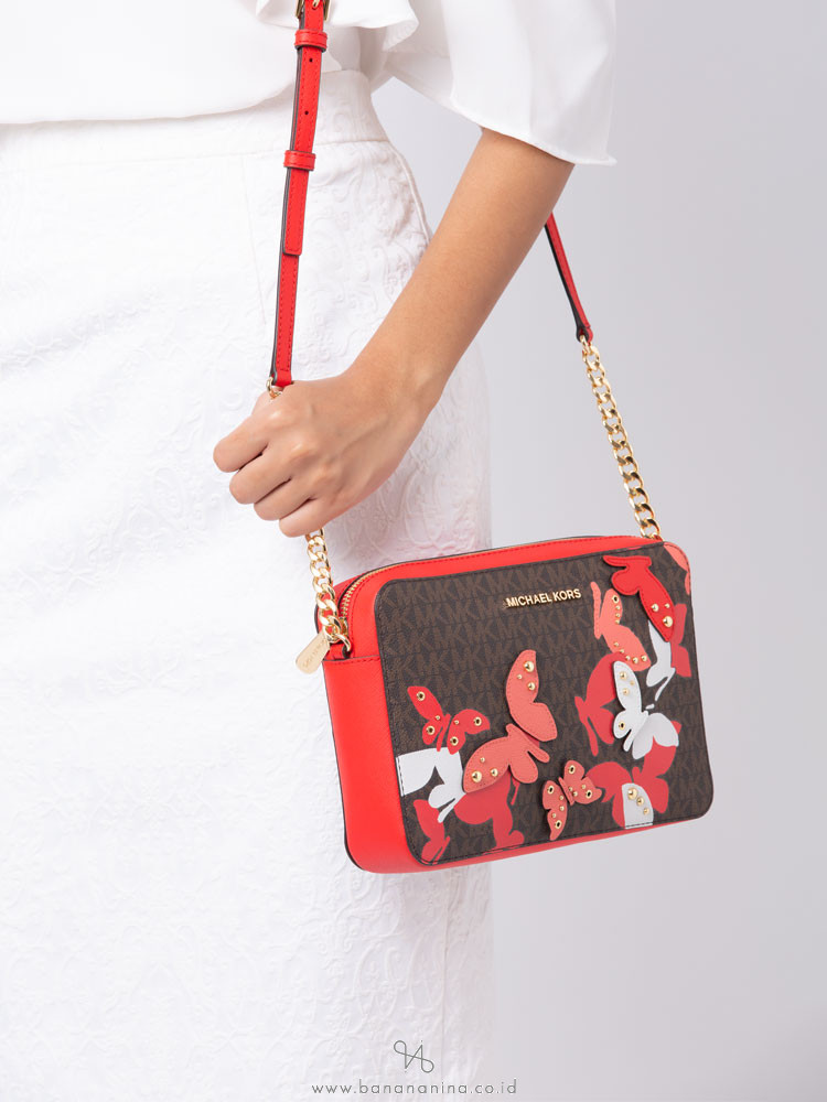 MICHAEL KORS Jet Set Item Monogram Butterflies Large Crossbody Dark Sangria