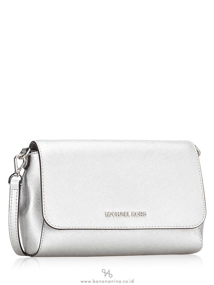 MICHAEL KORS Jet Set Medium Saffiano Pouchette Crossbody Silver
