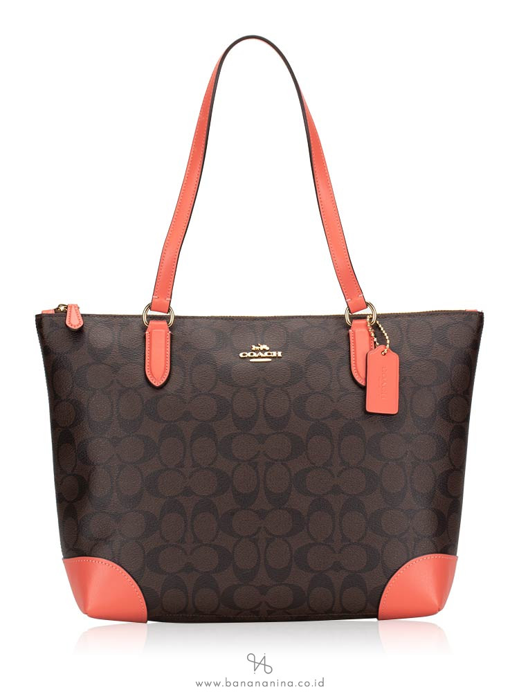 COACH 29208 Signature Zip Tote Brown Coral