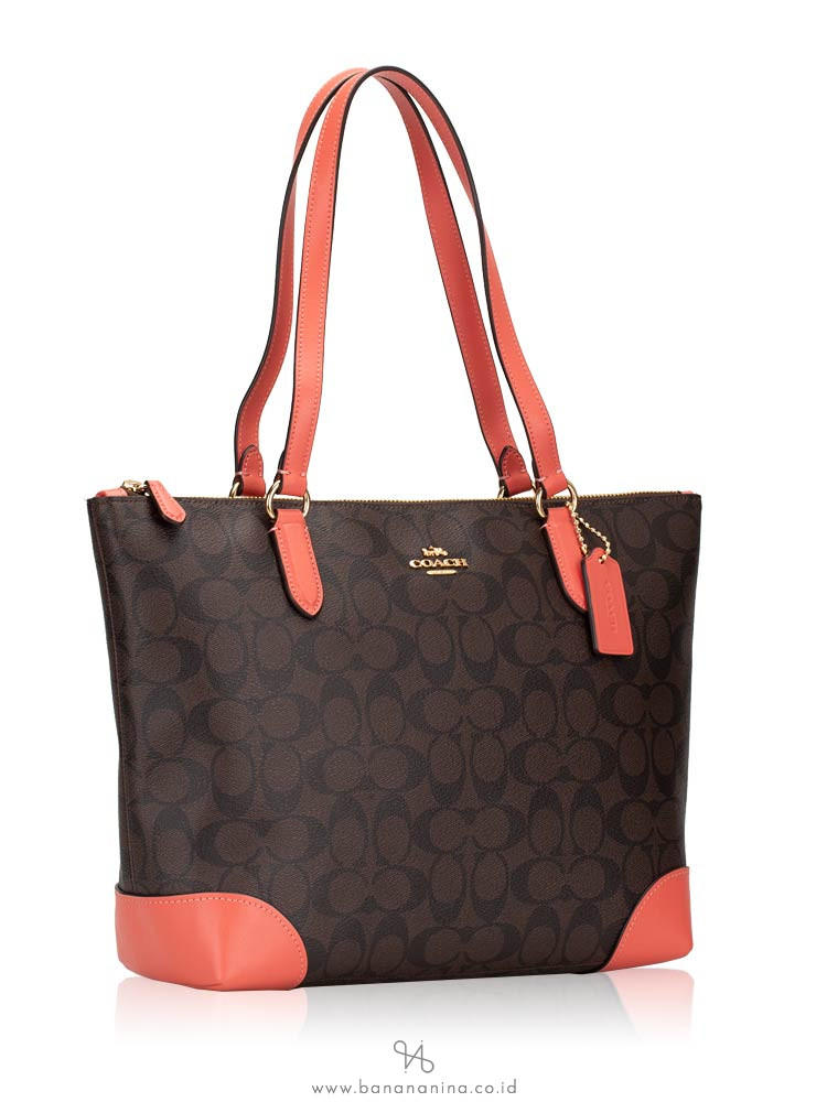 COACH 29208 Signature Zip Tote Brown Coral