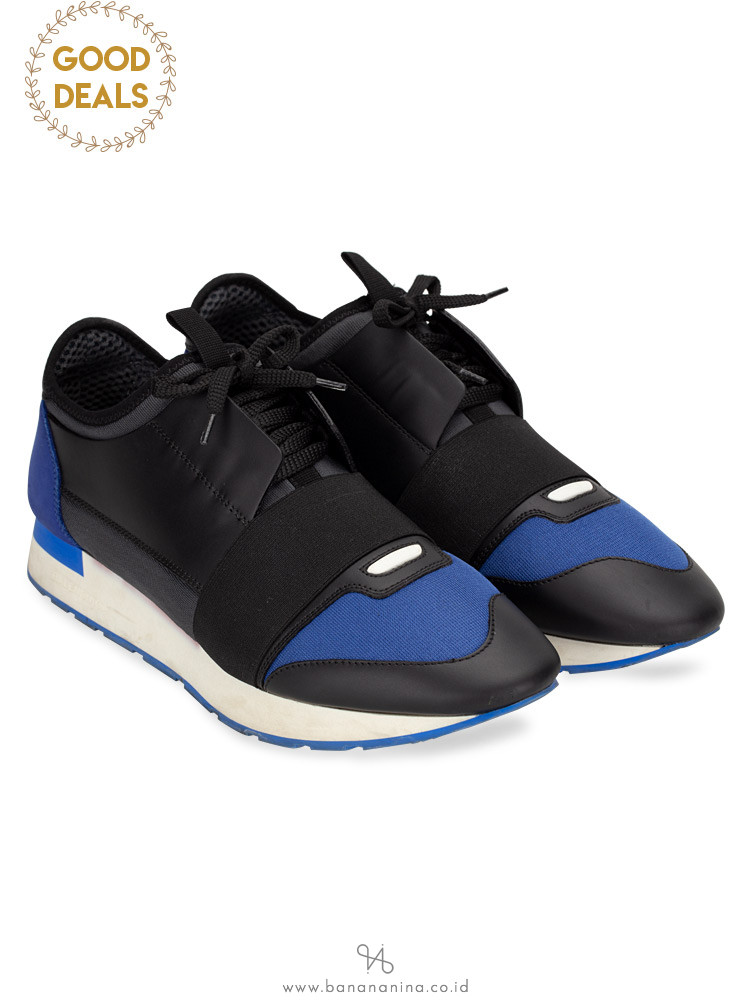 BALENCIAGA Men Race Runner Sneakers White Sapphire Black Sz 42