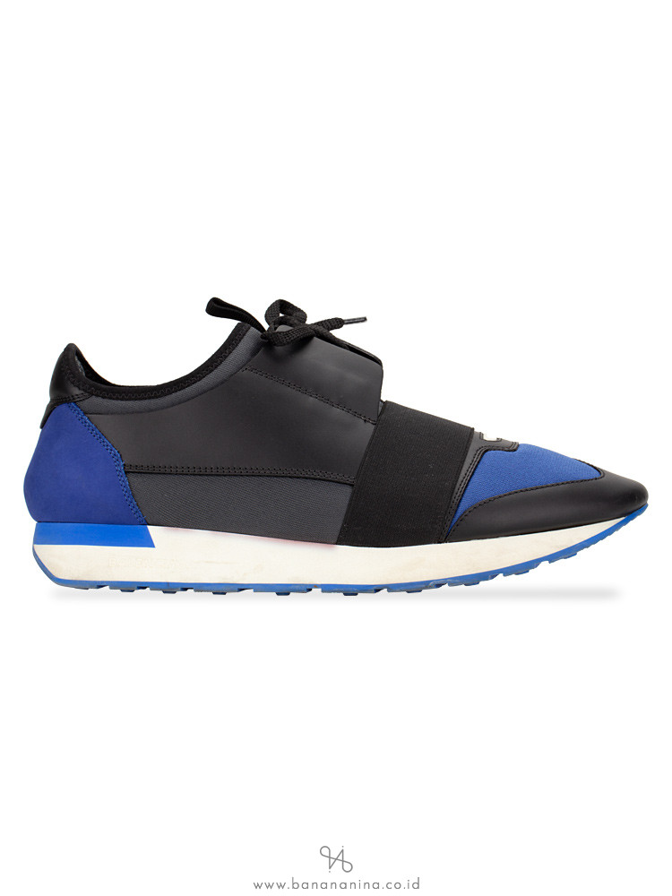 BALENCIAGA Men Race Runner Sneakers White Sapphire Black Sz 42