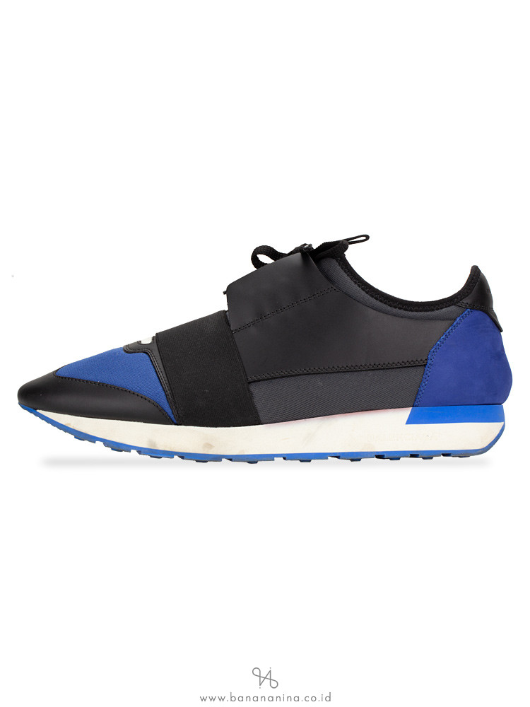 BALENCIAGA Men Race Runner Sneakers White Sapphire Black Sz 42
