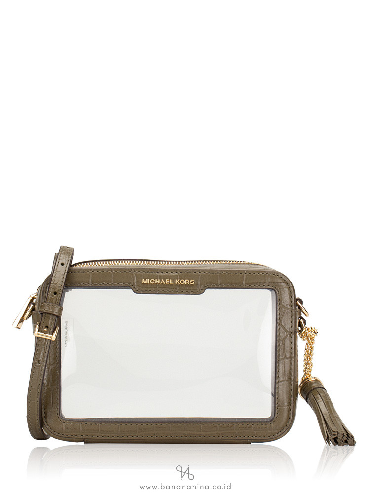 MICHAEL KORS Ginny Medium Clear and Leather Crossbody Olive