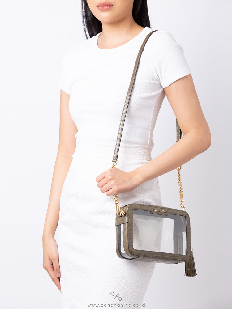 MICHAEL KORS Ginny Medium Clear and Leather Crossbody Olive