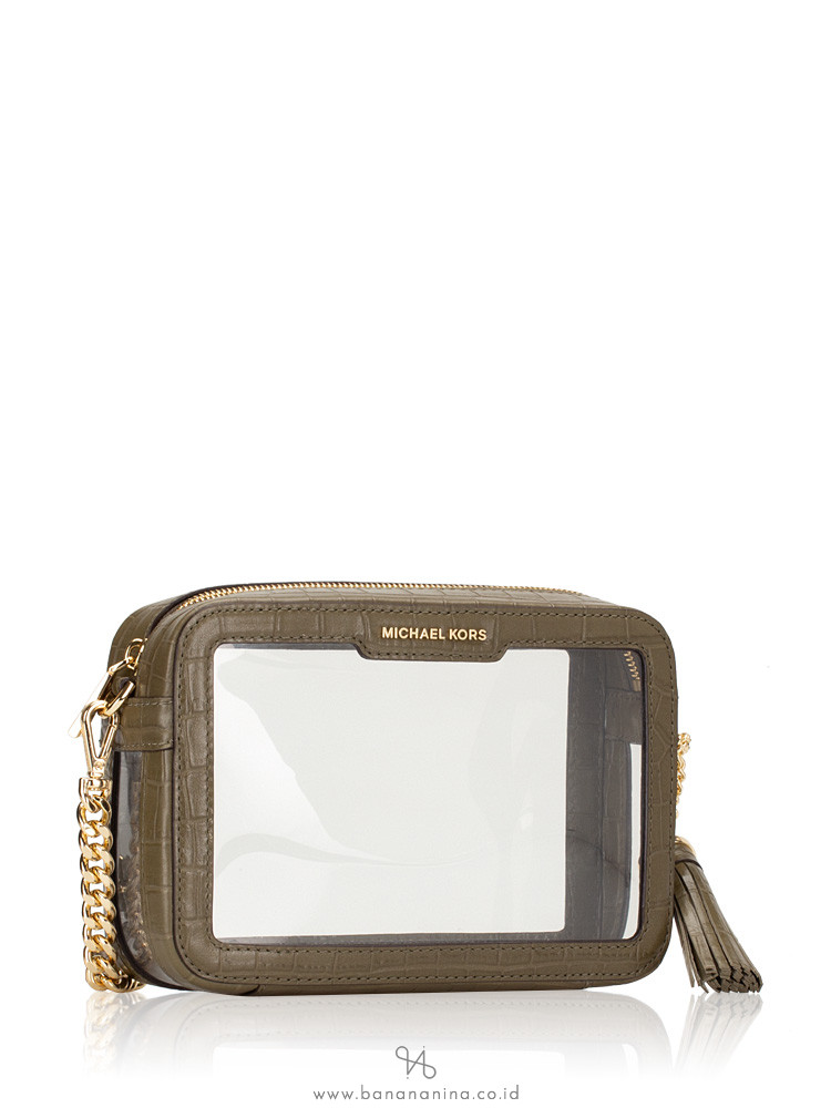 MICHAEL KORS Ginny Medium Clear and Leather Crossbody Olive