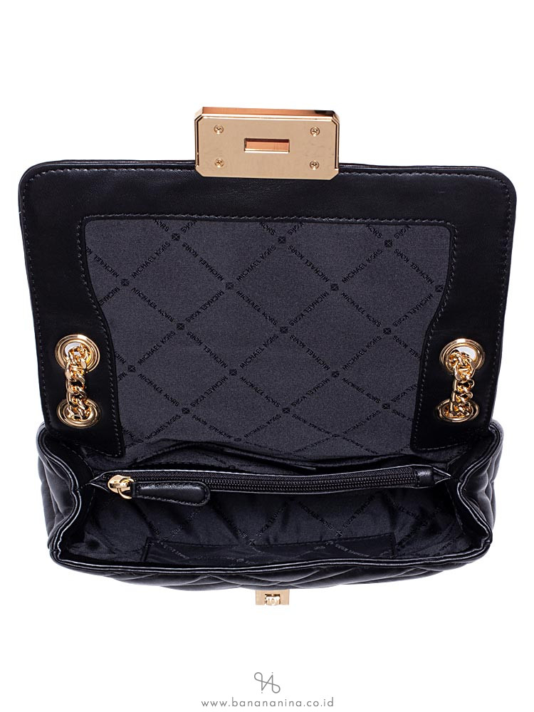 MICHAEL KORS Peyton Chevron Leather Medium Shoulder Flap Black Gold