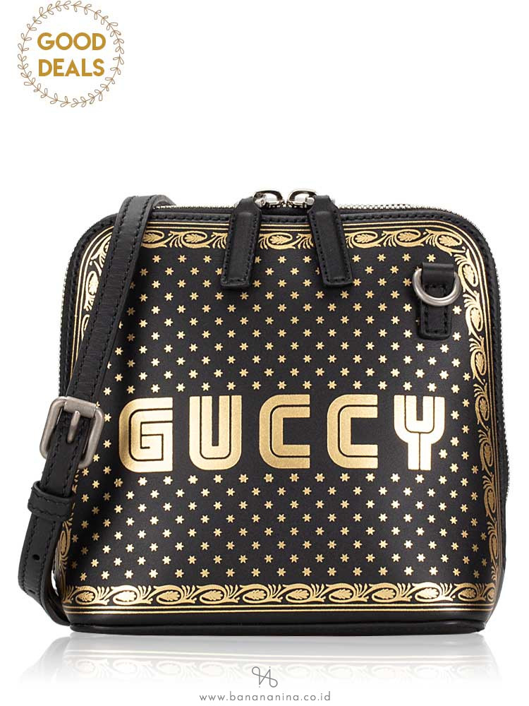 GUCCI Sega® Moon and Star Leather Crossbody Black Gold