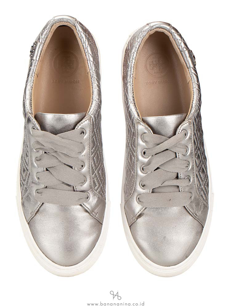 TORY BURCH Marion Quilted Lace Up Sneaker Silver Sz 6