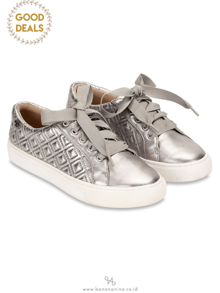 TORY BURCH Marion Quilted Lace Up Sneaker Silver Sz 6