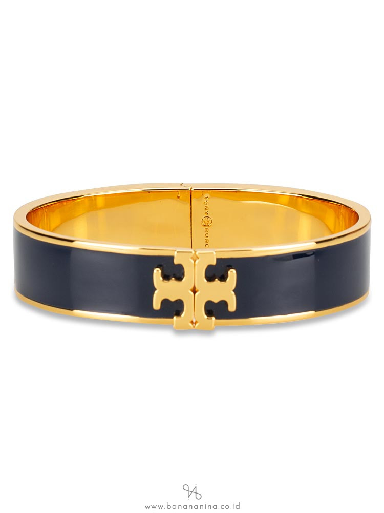 TORY BURCH Raised Logo Enamel Hinged Bracelet Navy Gold