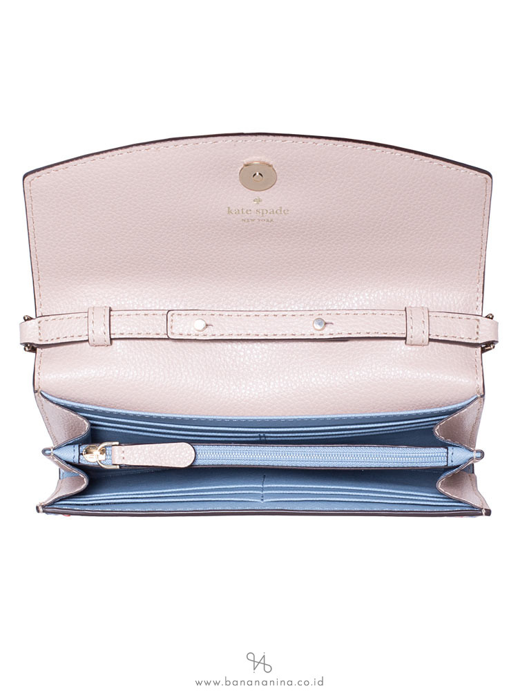 KATE SPADE Eva Embroidered Wallet On A Chain Warm Beige Blue Dawn