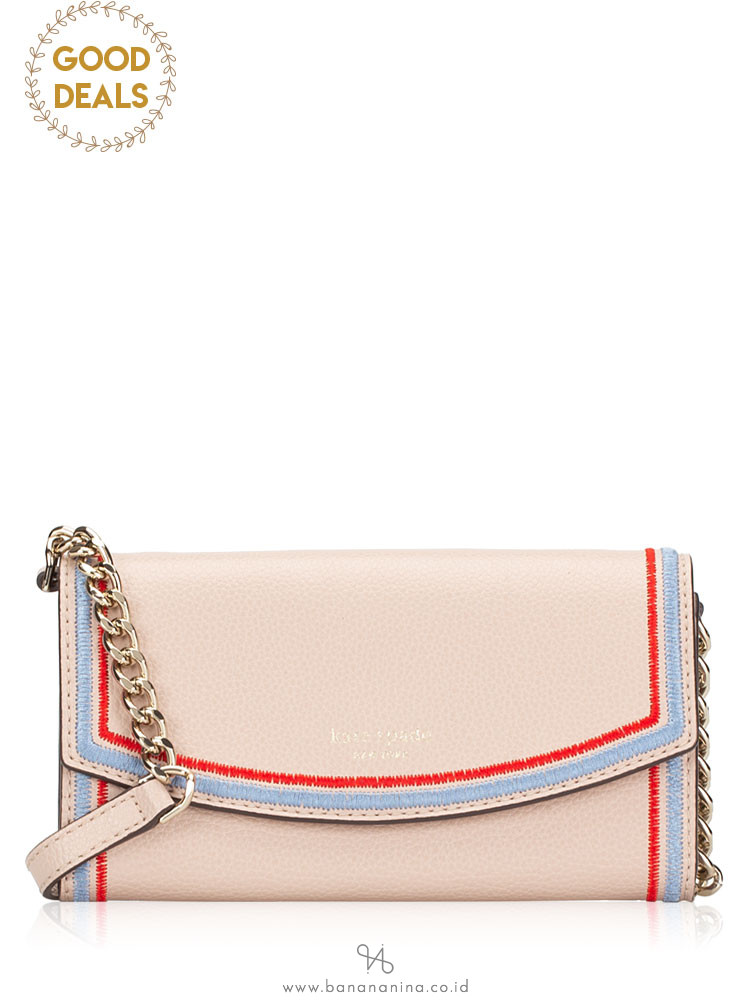 KATE SPADE Eva Embroidered Wallet On A Chain Warm Beige Blue Dawn