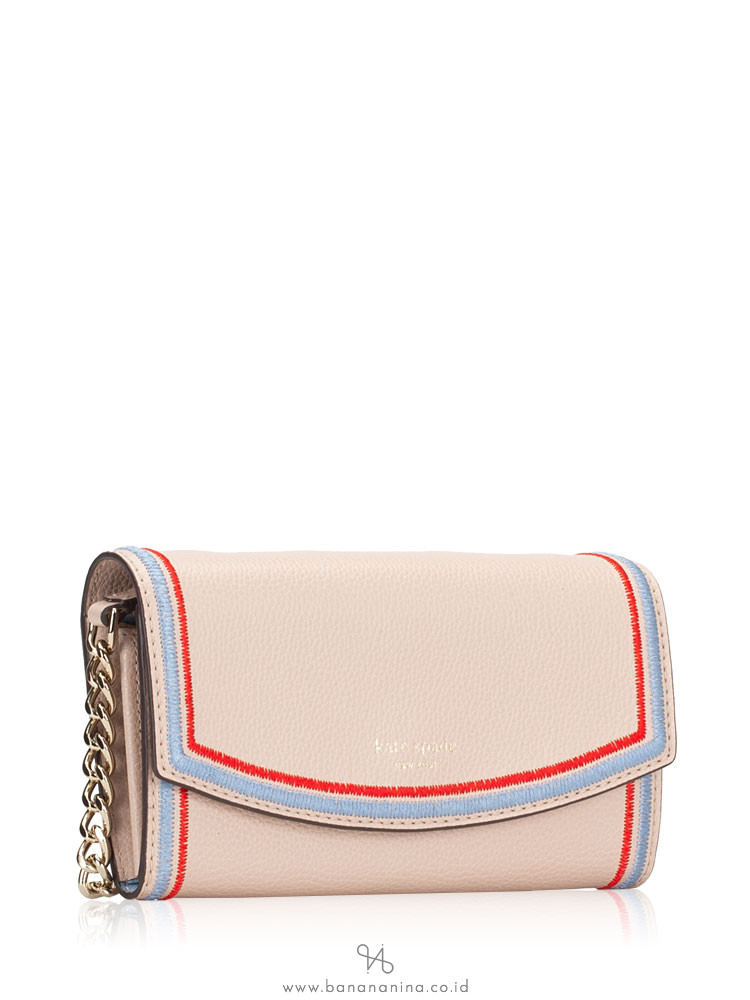 KATE SPADE Eva Embroidered Wallet On A Chain Warm Beige Blue Dawn
