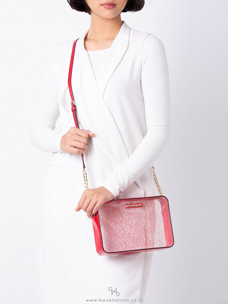 MICHAEL KORS Jet Set Logo Clear And Patent Leather Crossbody Red