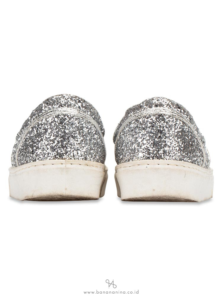 CHIARA FERRAGNI Glitter Eyes Slip On Sneakers Silver Sz 37