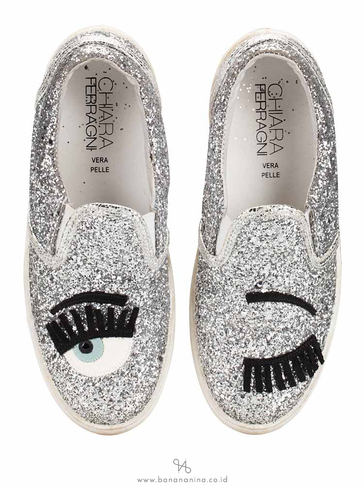 CHIARA FERRAGNI Glitter Eyes Slip On Sneakers Silver Sz 37