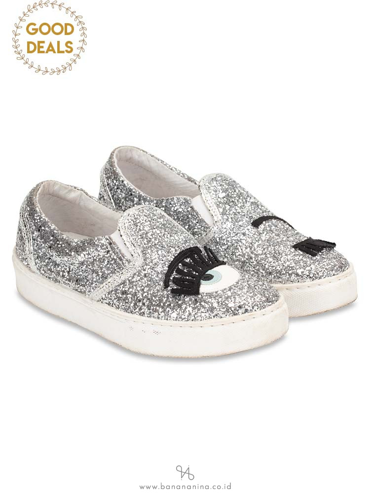 CHIARA FERRAGNI Glitter Eyes Slip On Sneakers Silver Sz 37