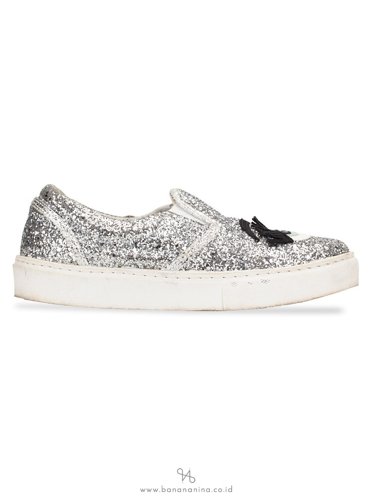 CHIARA FERRAGNI Glitter Eyes Slip On Sneakers Silver Sz 37