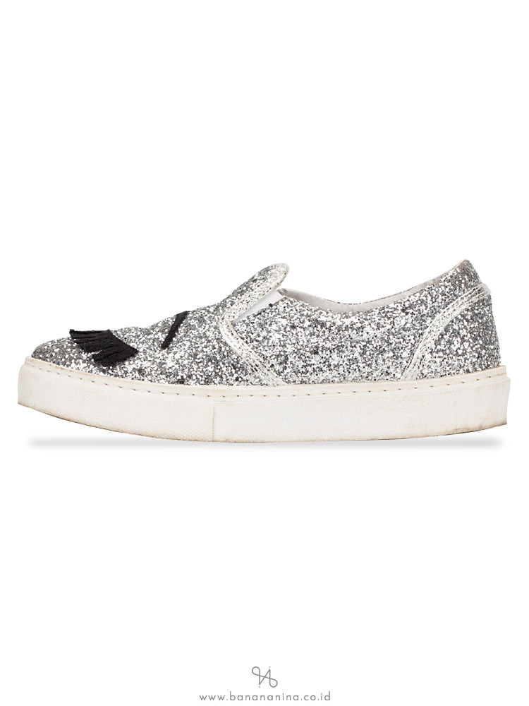 CHIARA FERRAGNI Glitter Eyes Slip On Sneakers Silver Sz 37