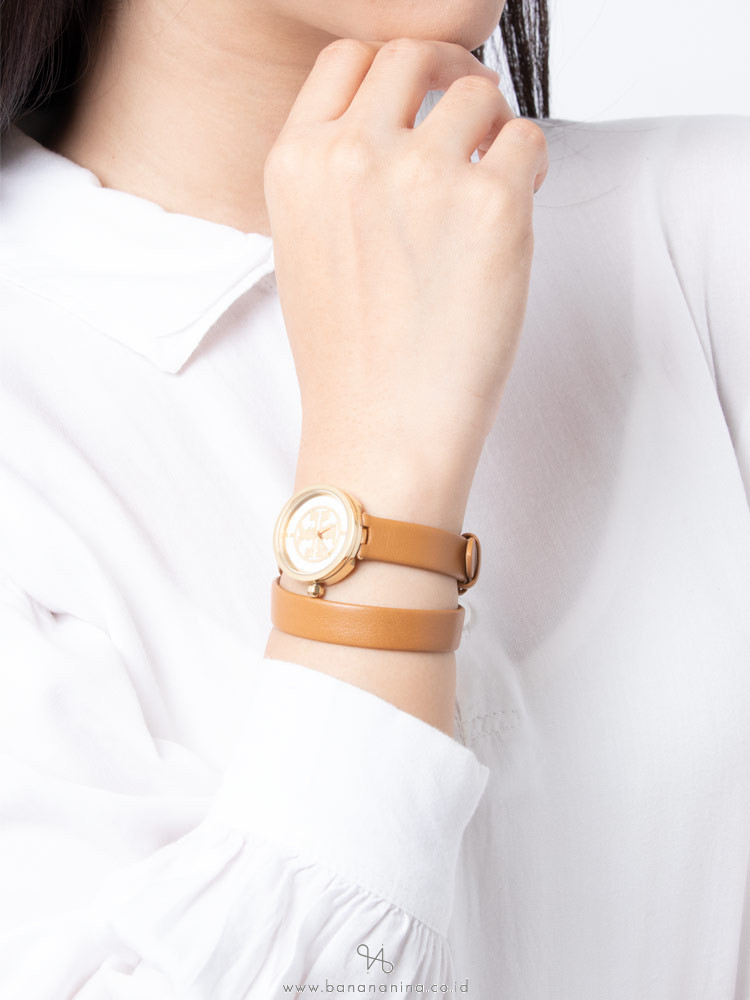 TORY BURCH TBW4018 Reva Leather Double Wrap Watch Luggage Gold