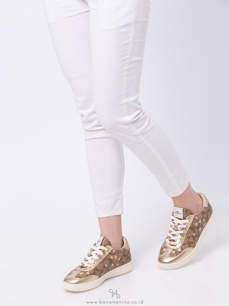 COACH C116 Signature Star Sneakers Khaki Gold Sz 7