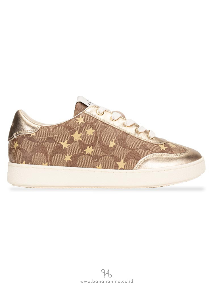 COACH C116 Signature Star Sneakers Khaki Gold Sz 7