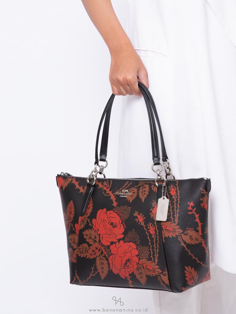 COACH 76683 Thorn Roses Print Ava Tote Black Red Multi