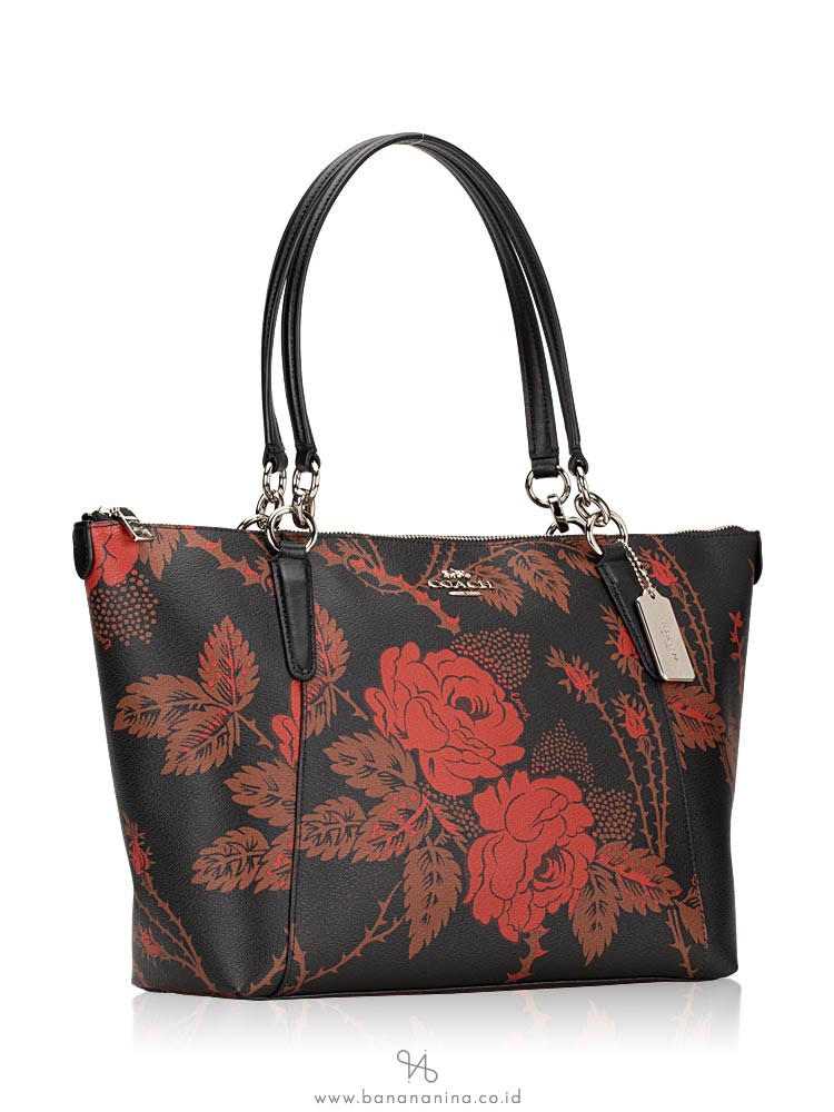 COACH 76683 Thorn Roses Print Ava Tote Black Red Multi