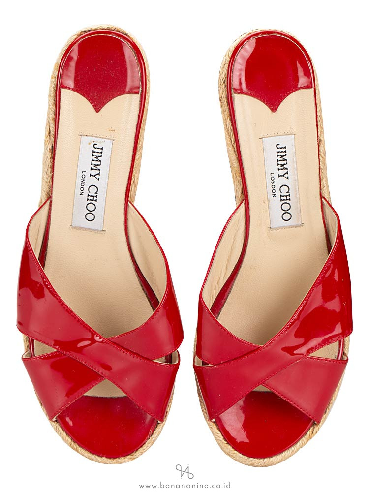 JIMMY CHOO Paisley Patent Leather Wedges Sandals Red Sz 39