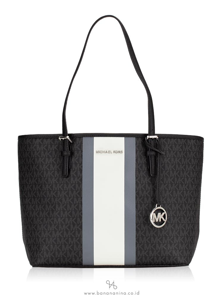 MICHAEL KORS Jet Set Signature Center Stripe Medium Tote Heather Grey Multi