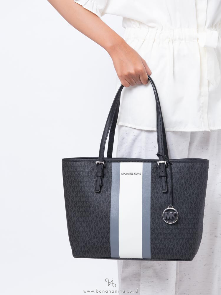 MICHAEL KORS Jet Set Signature Center Stripe Medium Tote Heather Grey Multi