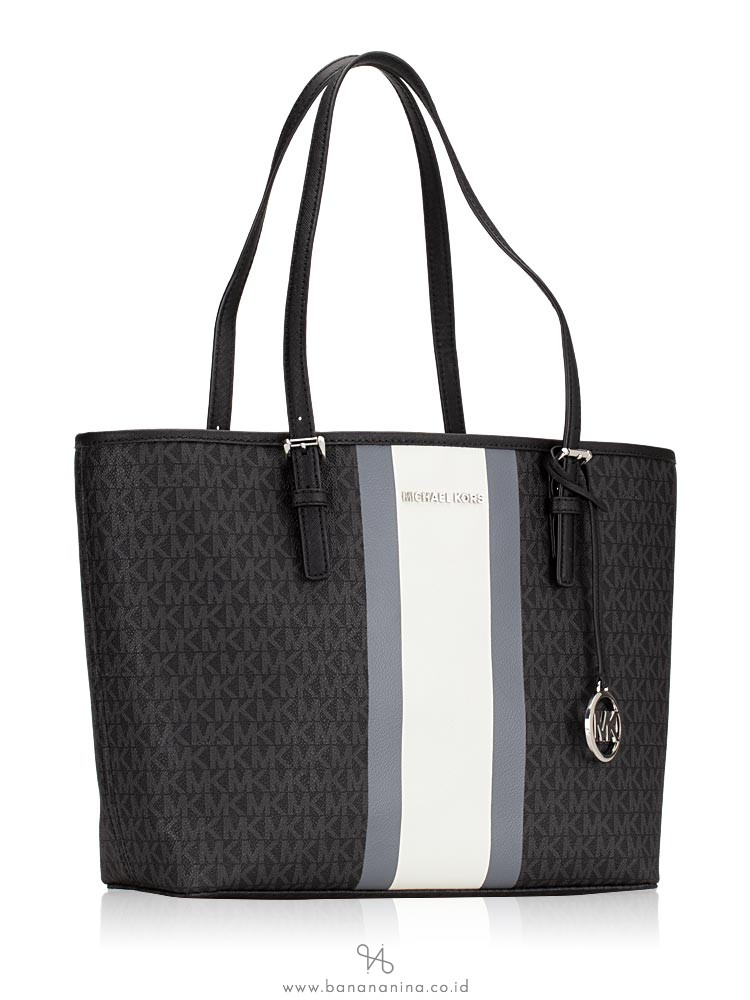 michael kors blue and white striped jet set tote