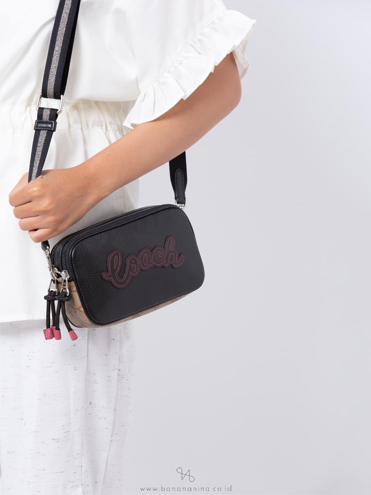 COACH 77682 Vale Signature & Leather Crossbody Pouch Khaki Black Multi