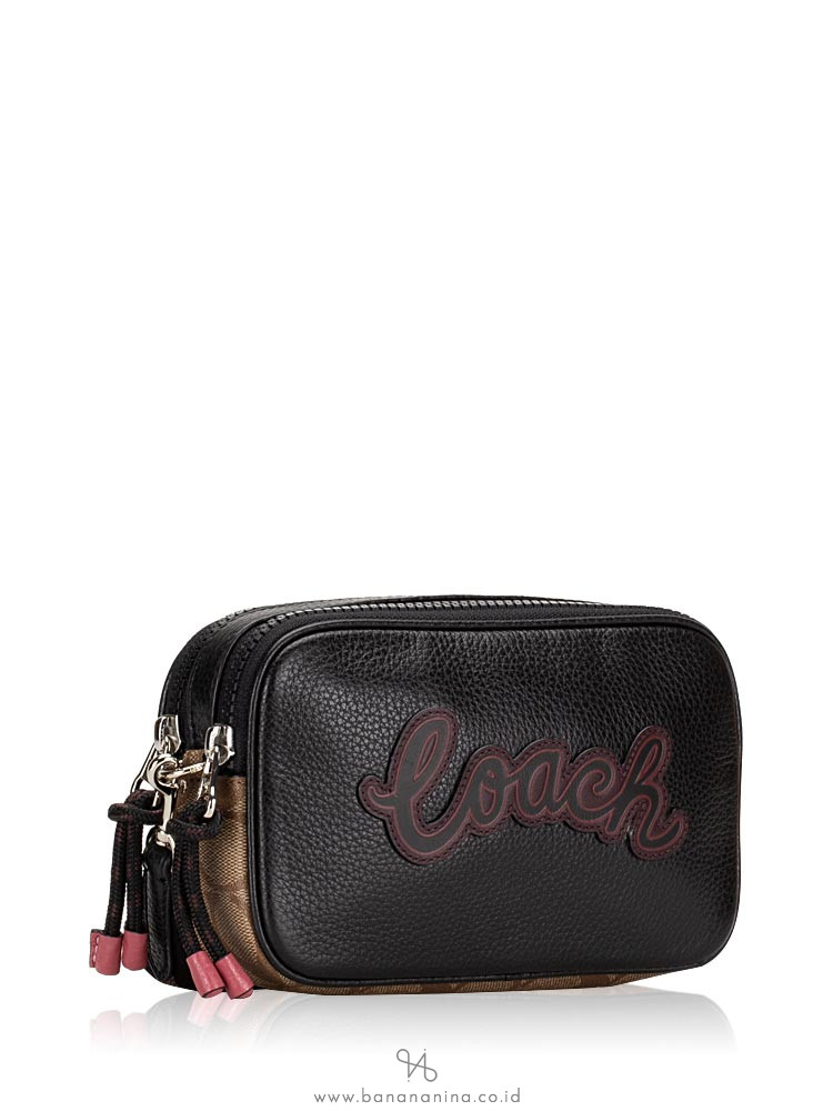 COACH 77682 Vale Signature & Leather Crossbody Pouch Khaki Black Multi
