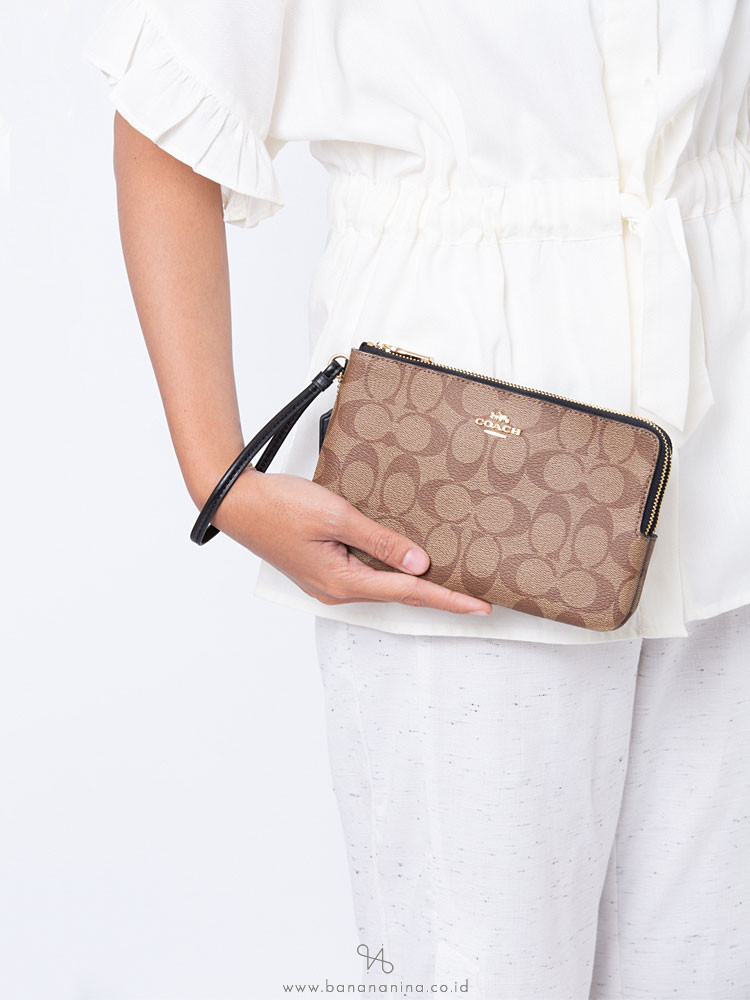 COACH 16109 Signature Double Zip Wallet Khaki Black